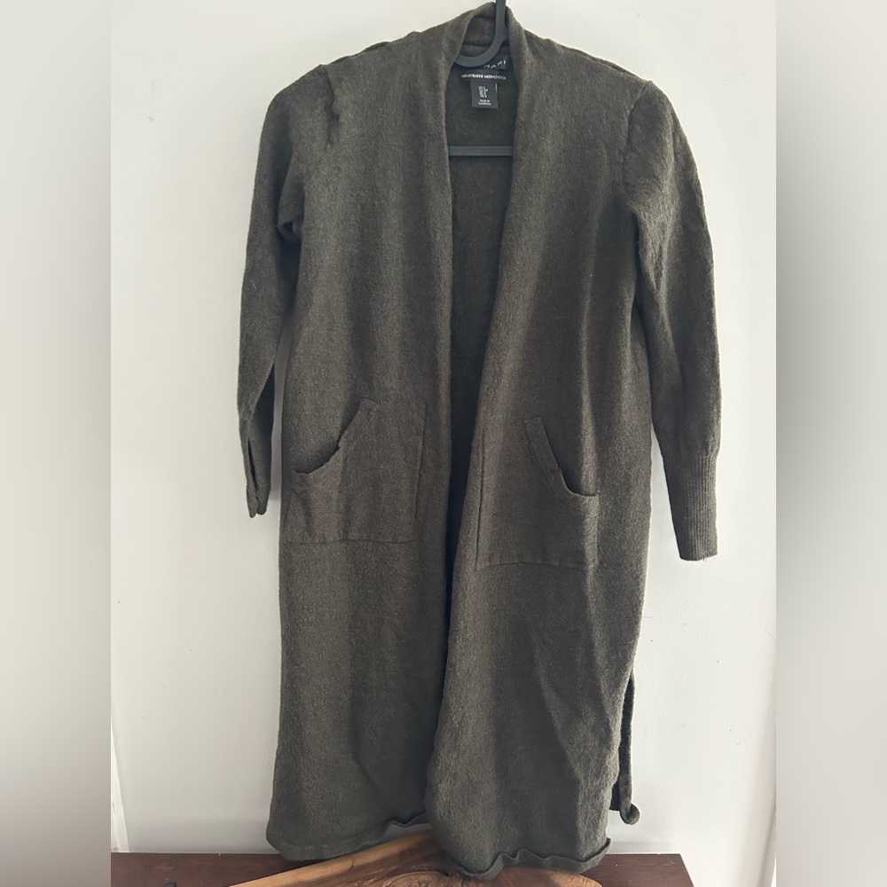 Tahari Merino Wool Cardigan Long Sweater in Dark Olive Green size S